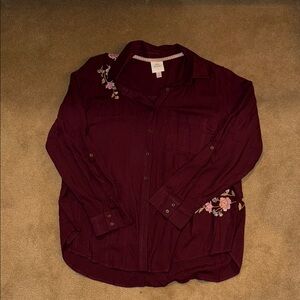 Knox Rose Burgundy Button Down Shirt with Floral Embroidery